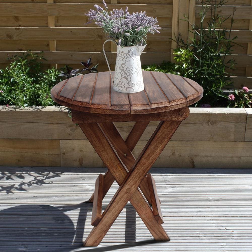 Farmhouse Wooden Round Folding Chair Side End Table with Planked Top Rustic Brown By The Urban Port UPT-225289