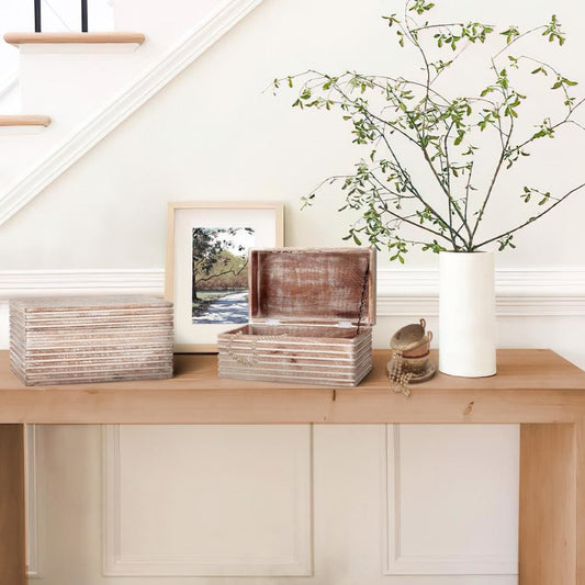 Wooden Decorative Storage Box with Block Stripe Pattern, Set of 2, Whitewash By The Urban Port