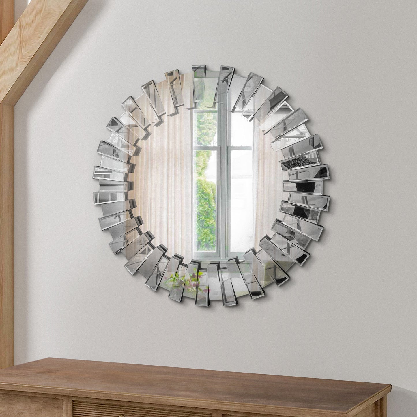 32 Inch Contemporary Floating Wall Mirror with Designer Frame, Silver By The Urban Port