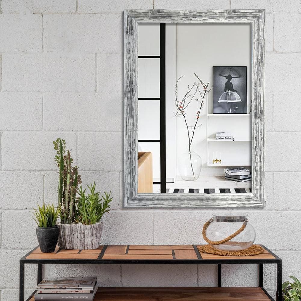 Rectangular Polystyrene Encased Wall Mirror with Textured Details, Chrome By The Urban Port