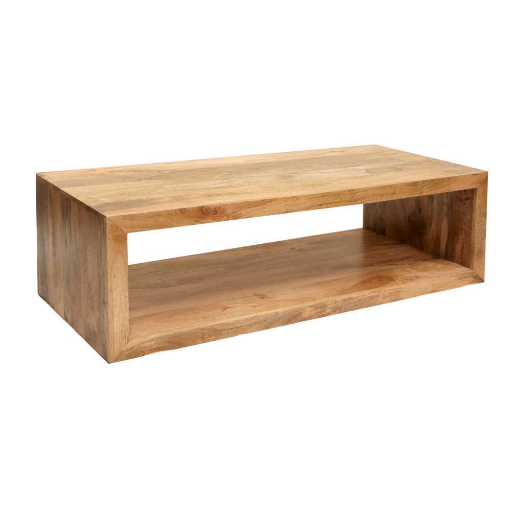 58 Inch Cube Shape Mango Wood Coffee Table with Open Bottom Shelf Natural Brown By The Urban Port UPT-228693