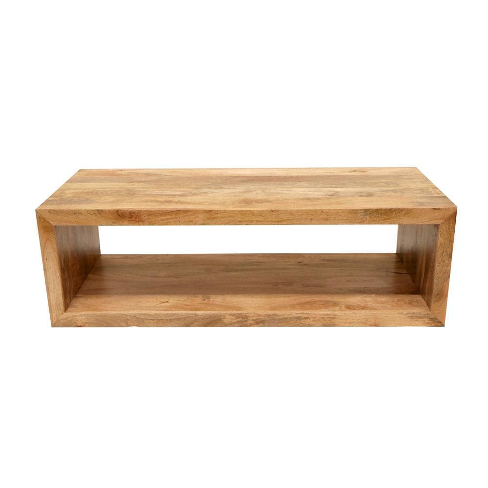 58 Inch Cube Shape Mango Wood Coffee Table with Open Bottom Shelf Natural Brown By The Urban Port UPT-228693