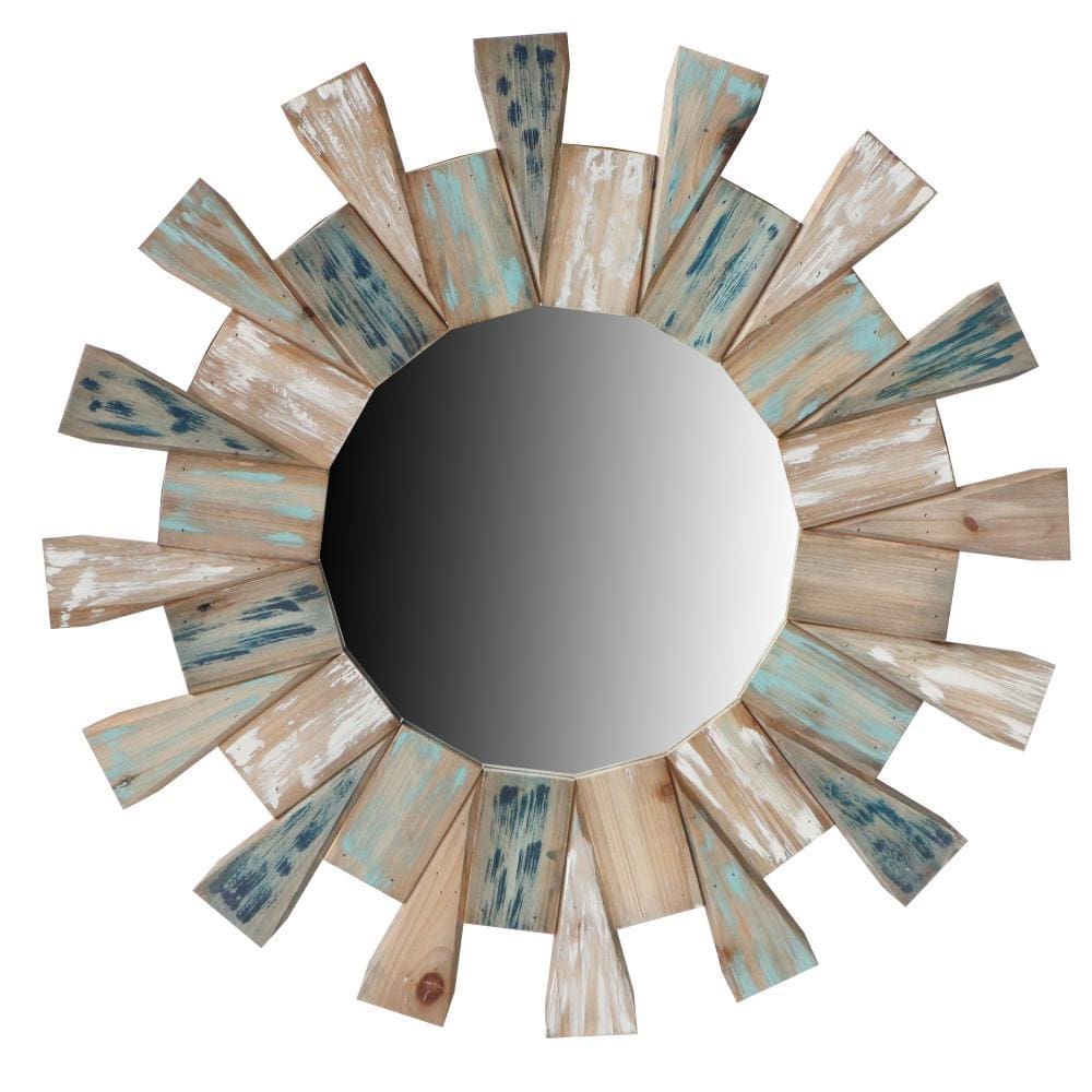 Round Wooden Decor Wall Mirror with Triangular Plank Accent Brown By The Urban Port UPT-228704