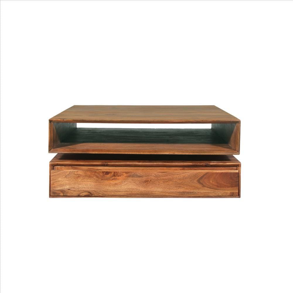 32 Inch Square Box Design Wooden Coffee Table with Swivel Storage Top and Drawer,Brown By The Urban Port UPT-229063