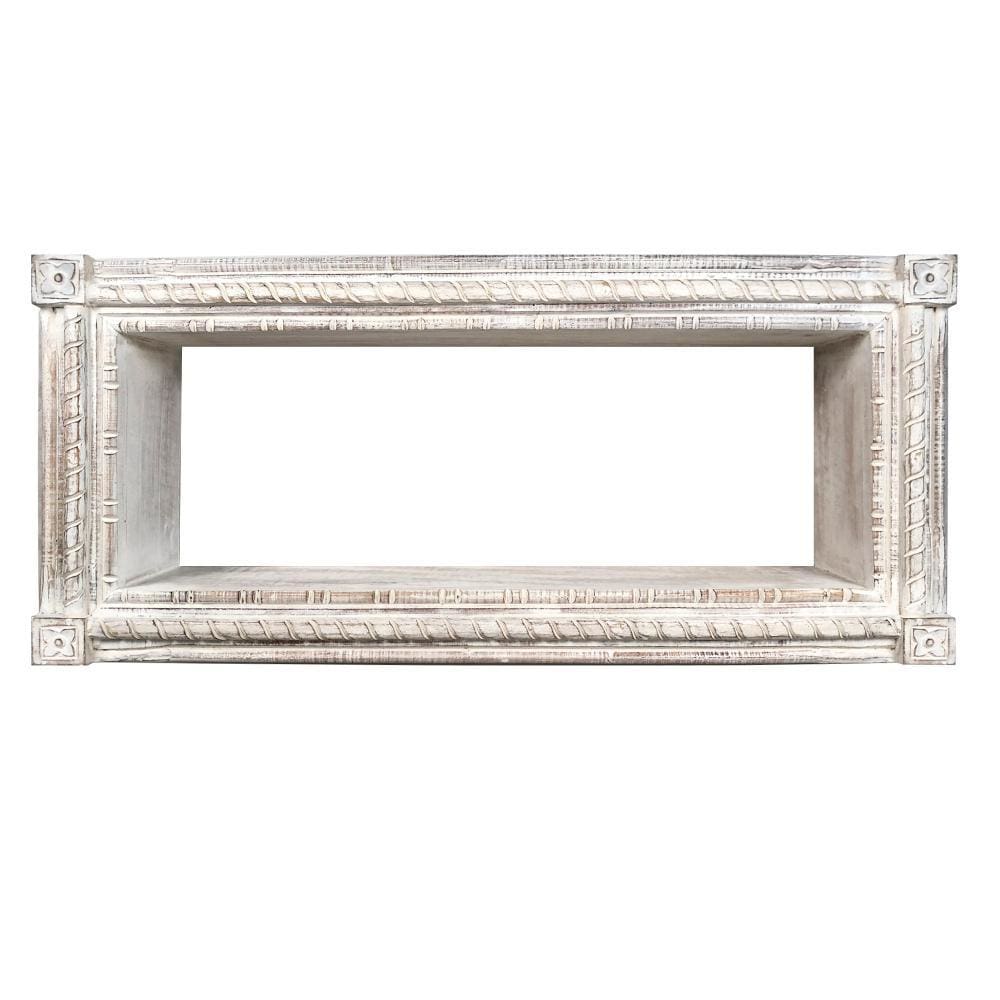 Rectangular Mango Wood Wall Mounted Shelf with Carved Details Antique White UPT-229608