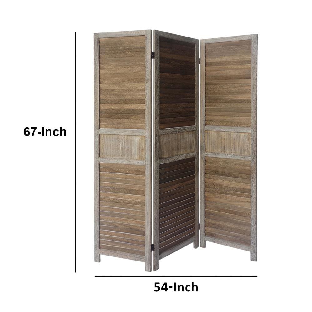 3 Panel Foldable Wooden Divider Privacy Screen with Grains and Metal Hinges Brown and Gray By The Urban Port UPT-230657