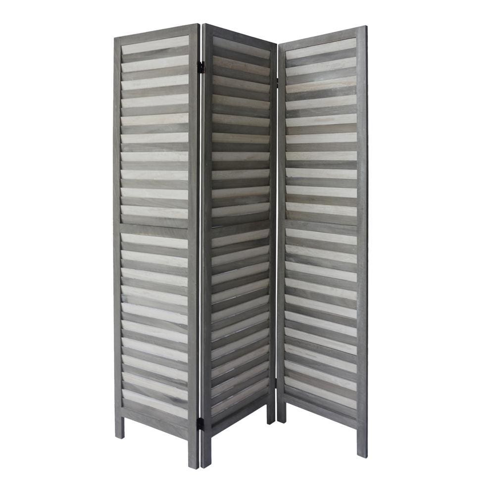 3 Panel Foldable Wooden Divider Privacy Screen with Shutter Design and Metal Hinges Light Gray By The Urban Port UPT-230658