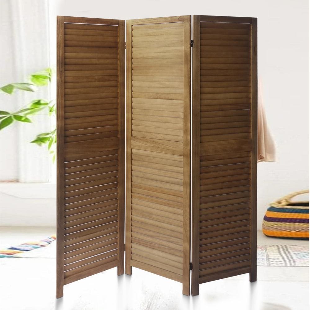 67 Inch Paulownia Wood Panel Divider Screen, Shutter Design, 3 Panels, Natural Oak Brown By The Urban Port