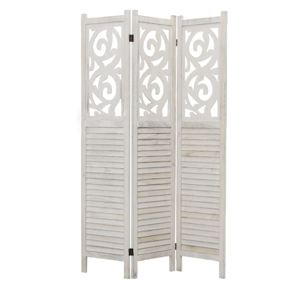 67 Inch Paulownia Wood Panel Divider Screen Ornate Scrolled Shutter Design 3 Panels Washed White by The Urban Port UPT-230660