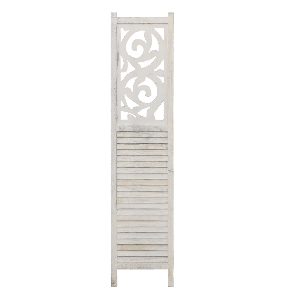 67 Inch Paulownia Wood Panel Divider Screen Ornate Scrolled Shutter Design 3 Panels Washed White by The Urban Port UPT-230660