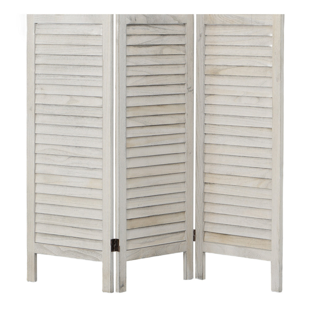 67 Inch Paulownia Wood Panel Divider Screen Ornate Scrolled Shutter Design 3 Panels Washed White by The Urban Port UPT-230660