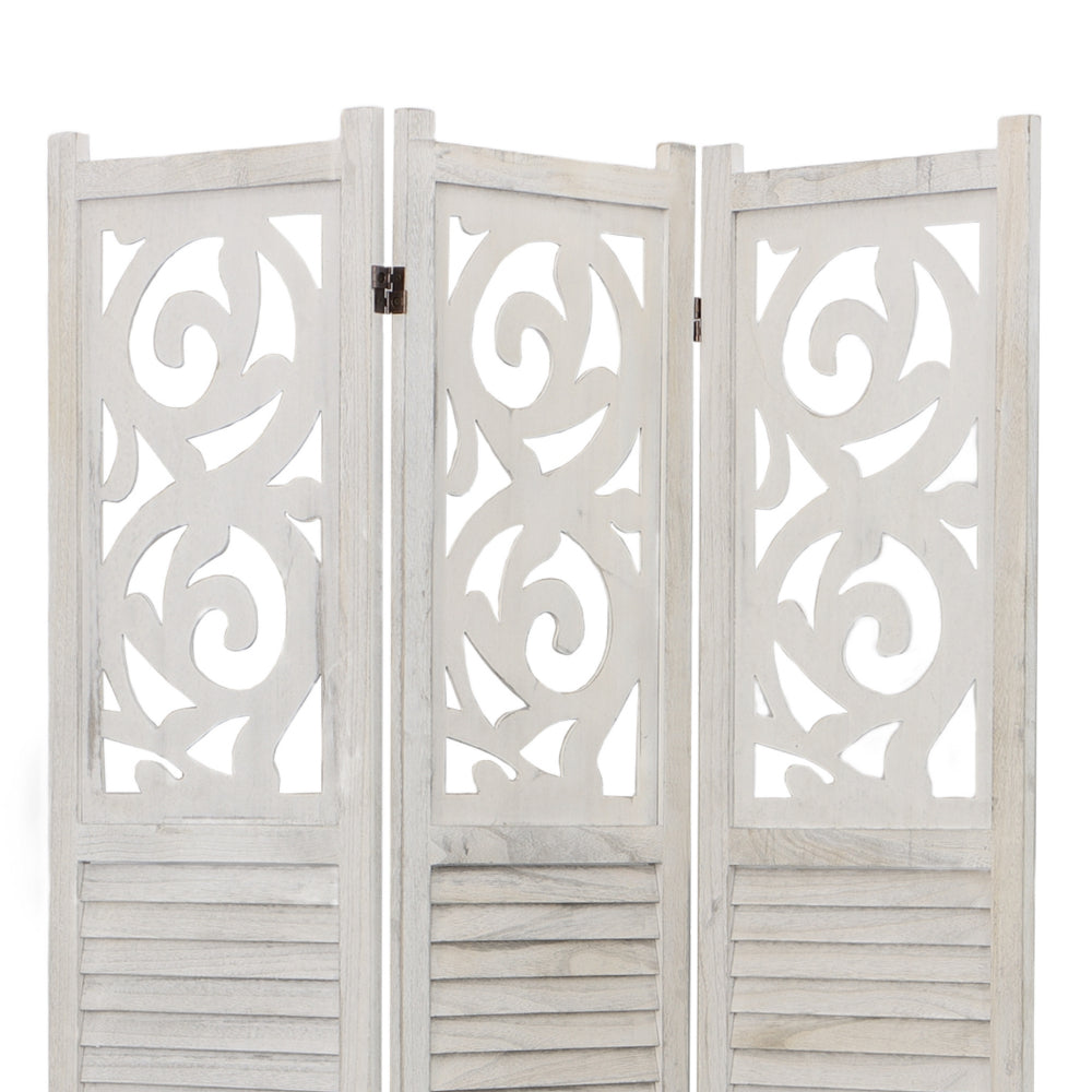 67 Inch Paulownia Wood Panel Divider Screen Ornate Scrolled Shutter Design 3 Panels Washed White by The Urban Port UPT-230660