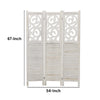 67 Inch Paulownia Wood Panel Divider Screen Ornate Scrolled Shutter Design 3 Panels Washed White by The Urban Port UPT-230660