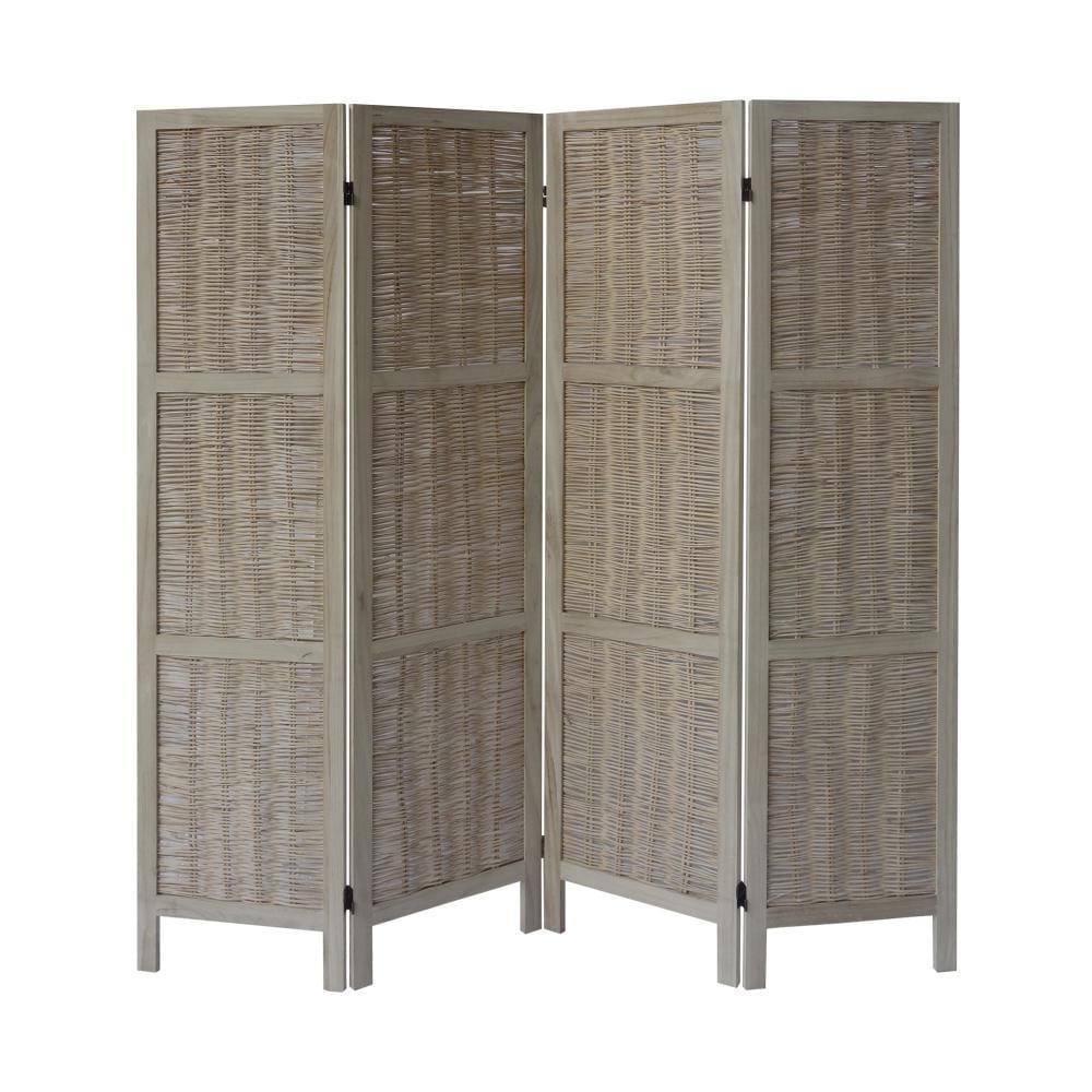 4 Panel Foldable Wooden Divider Privacy Screen with Willow Weaved Design Antique White By The Urban Port UPT-230662