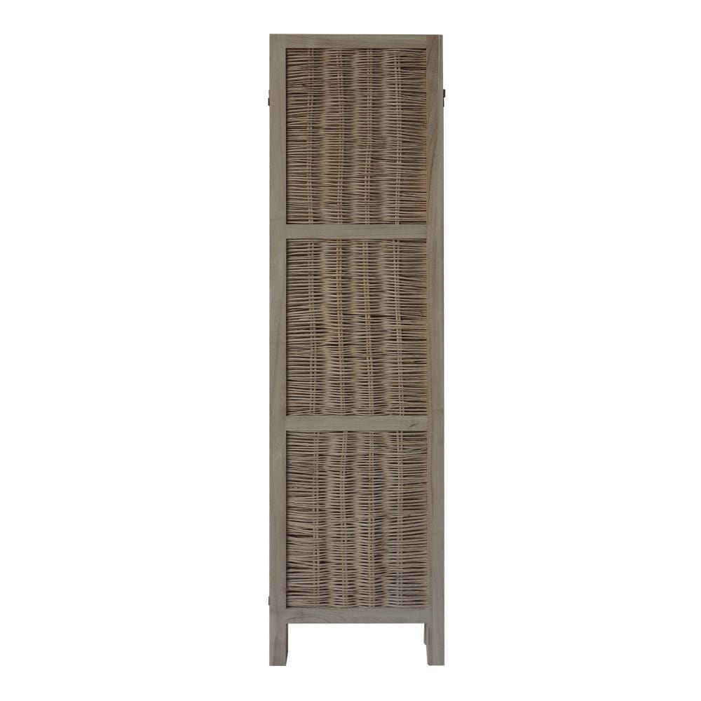 4 Panel Foldable Wooden Divider Privacy Screen with Willow Weaved Design Antique White By The Urban Port UPT-230662