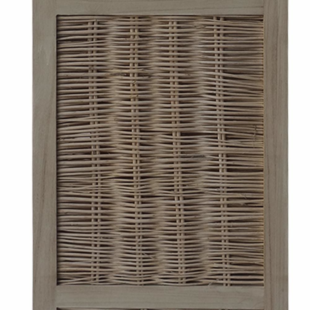 4 Panel Foldable Wooden Divider Privacy Screen with Willow Weaved Design Antique White By The Urban Port UPT-230662