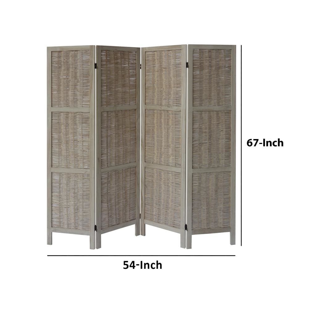 4 Panel Foldable Wooden Divider Privacy Screen with Willow Weaved Design Antique White By The Urban Port UPT-230662