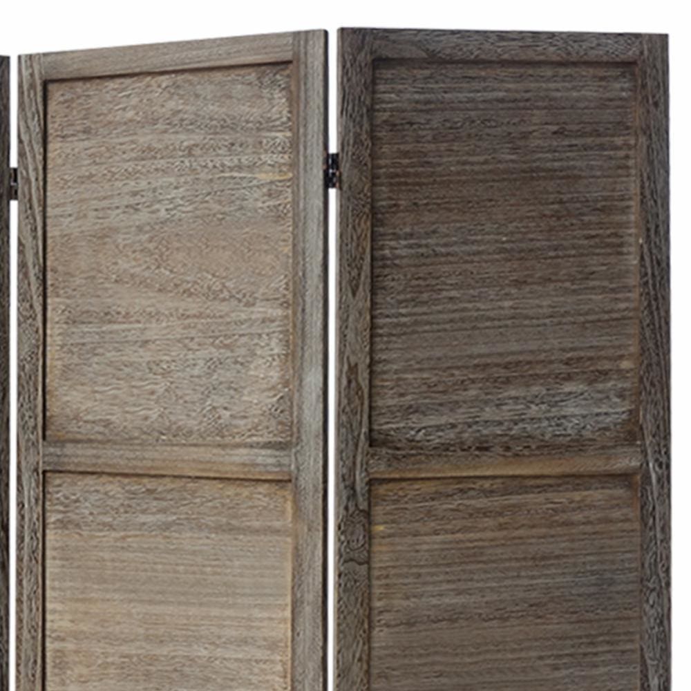 4 Panel Foldable Wooden Divider Privacy Screen with Grains and Metal Hinges Dark Brown By The Urban Port UPT-230663