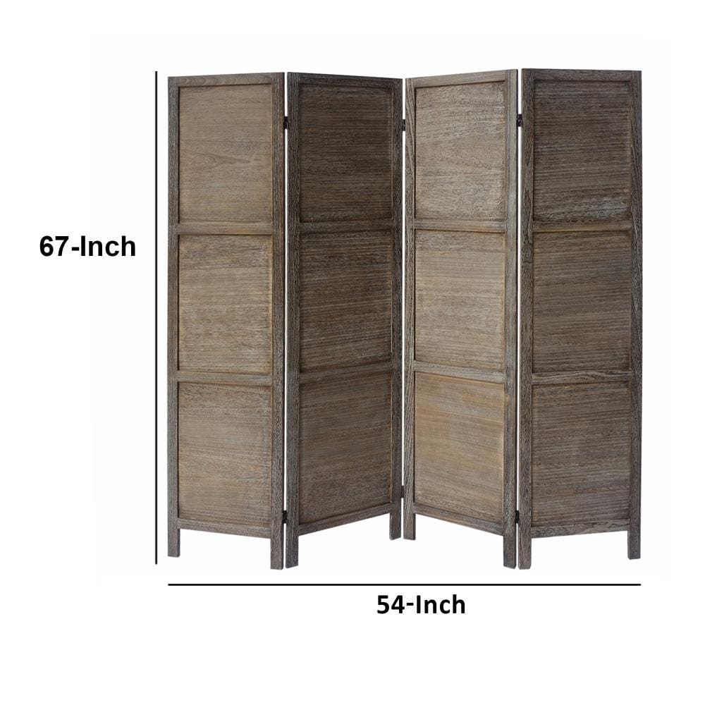 4 Panel Foldable Wooden Divider Privacy Screen with Grains and Metal Hinges Dark Brown By The Urban Port UPT-230663