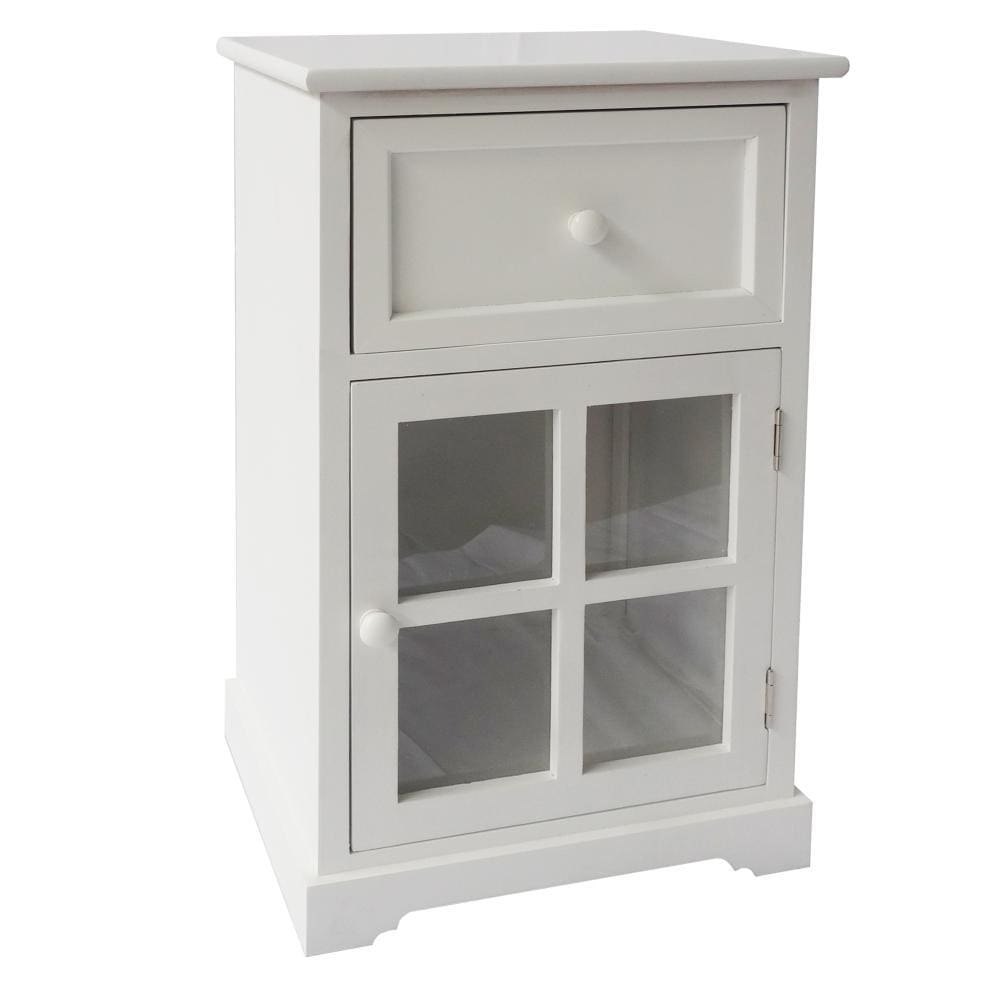 23.62 Inches Single Drawer Wooden Storage Cabinet with Glass Door and Round Knobs White By The Urban Port UPT-230666