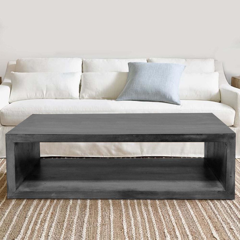 58 Inch Rectangular Mango Wood Coffee Table Open Bottom Shelf Charcoal Gray By The Urban Port UPT-230676