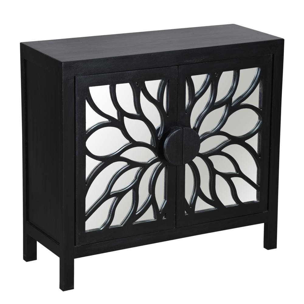 32 Rustic Accent Storage Cabinet with Flower Design Mirrored Front Black By The Urban Port UPT-230846