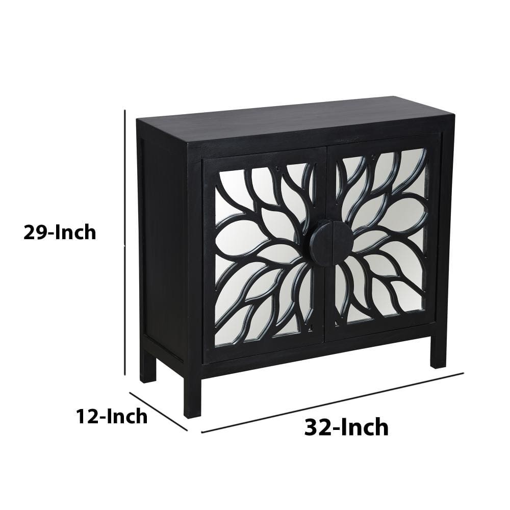 32 Rustic Accent Storage Cabinet with Flower Design Mirrored Front Black By The Urban Port UPT-230846