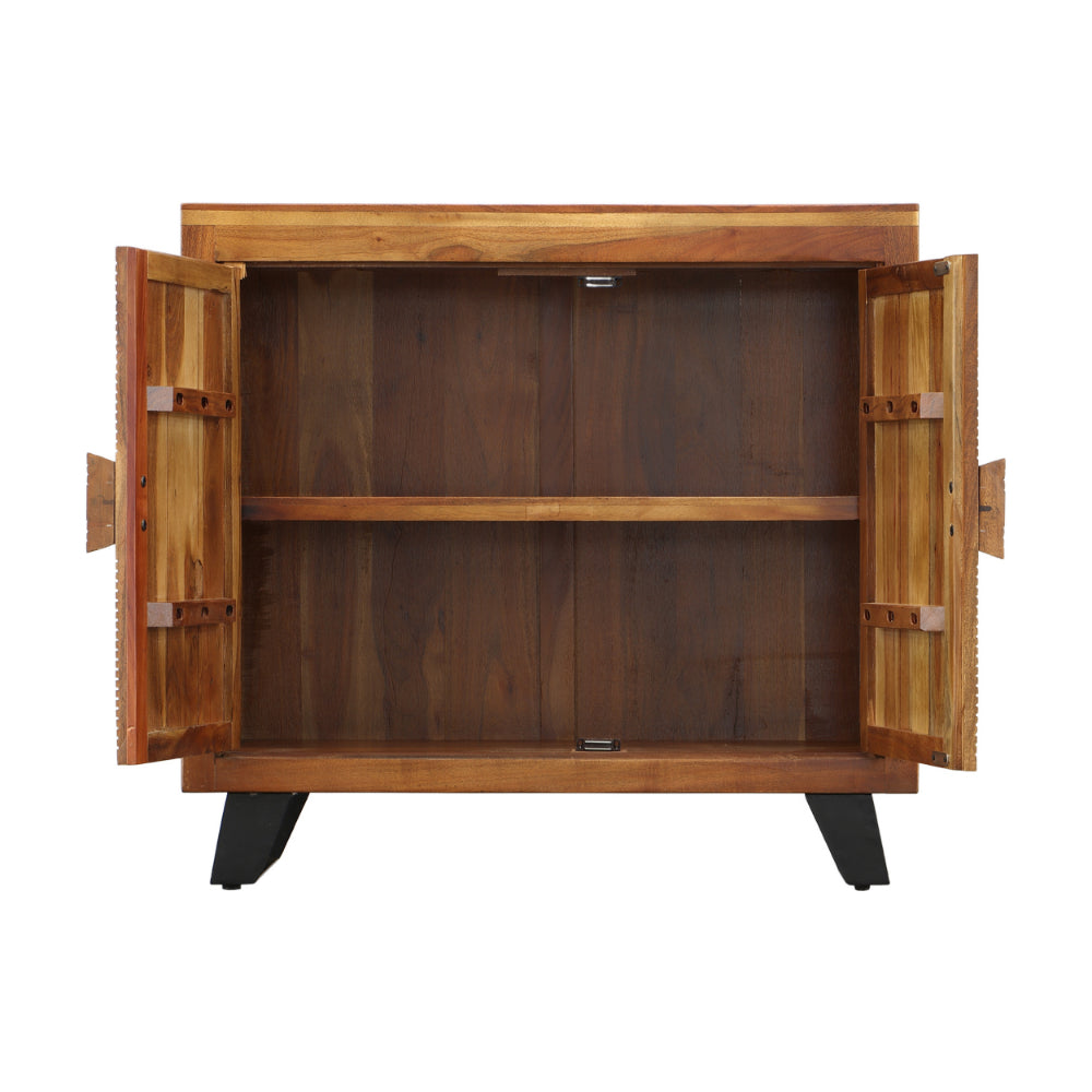 32 2-Door Wooden Accent Storage Cabinet with Engraved Circular Design Brown By The Urban Port UPT-230847