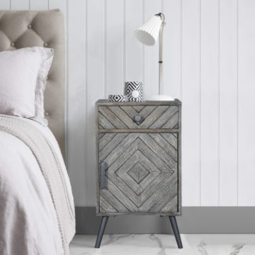 26 Chevron Pattern 1 Drawer Wooden Bedside Accent Nightstand with Door Storage Gray By The Urban Port UPT-230849