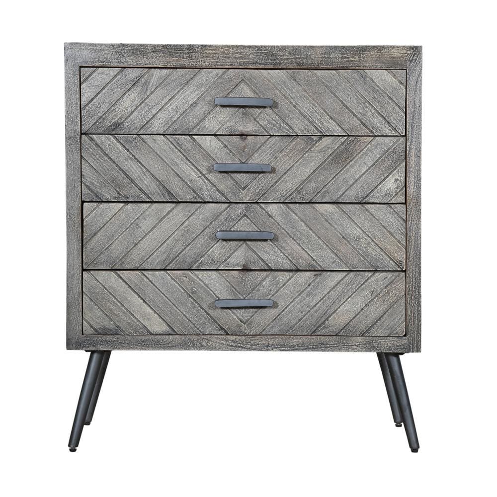 29 Chevron Pattern Wooden 4 Drawer Accent Dresser Chest with Angled Metal Legs Gray By The Urban Port UPT-230855