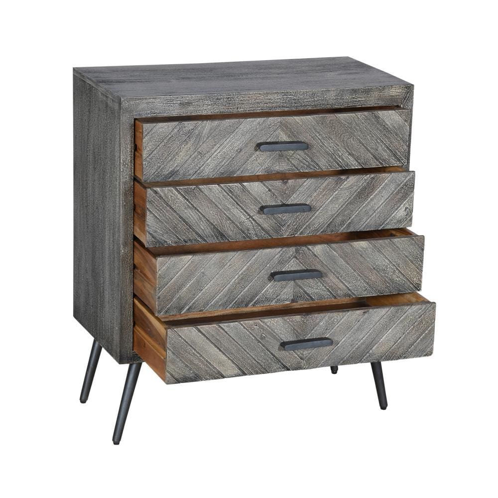 29 Chevron Pattern Wooden 4 Drawer Accent Dresser Chest with Angled Metal Legs Gray By The Urban Port UPT-230855