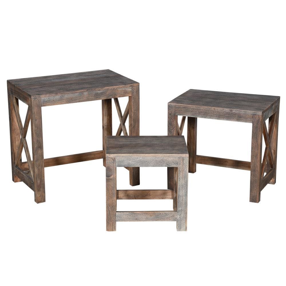 Rustic Rectangular Farmhouse Mango Wood Nesting Table with X Side Panels Set of 3 Brown By The Urban Port UPT-230857