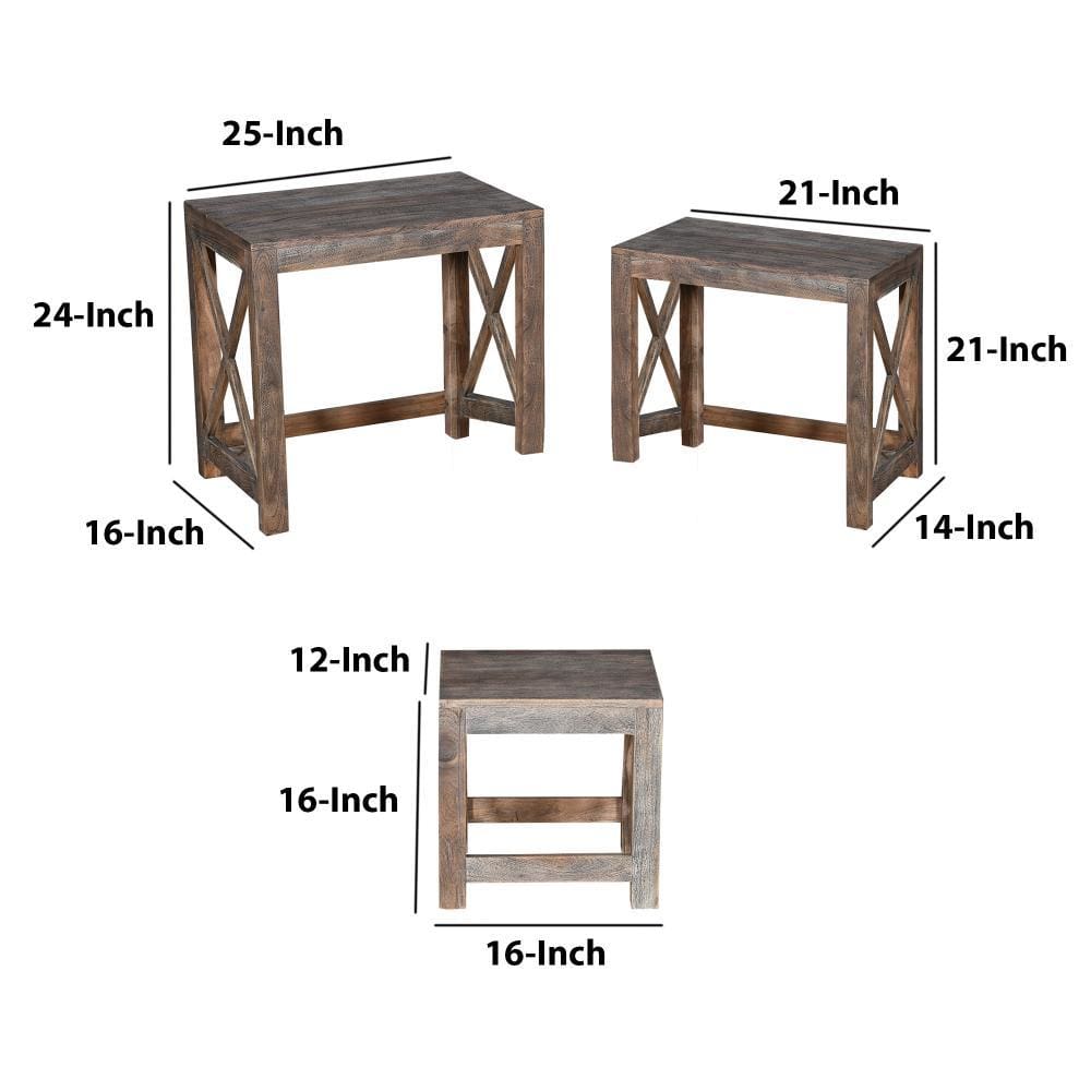 Rustic Rectangular Farmhouse Mango Wood Nesting Table with X Side Panels Set of 3 Brown By The Urban Port UPT-230857