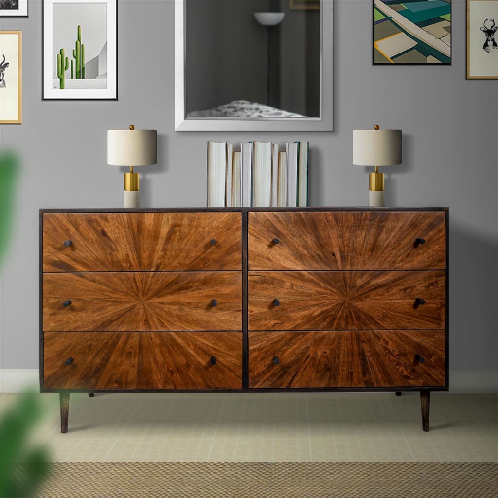 Jag 58 Inch Mango Wood Dresser, 6 Drawers, Sunburst Warm Brown By The Urban Port