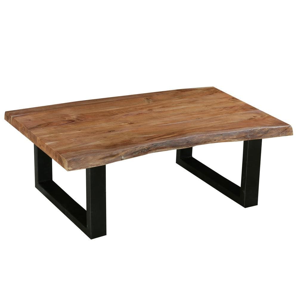 Farmhouse Rectangle Coffee Table with Live Edge Details and Metal Sled Base Brown and Black By The Urban Port UPT-231740