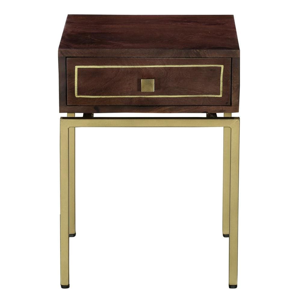 Bedside Table with 1 Drawer and Tubular Metal Legs Brown and Brass By The Urban Port UPT-231748