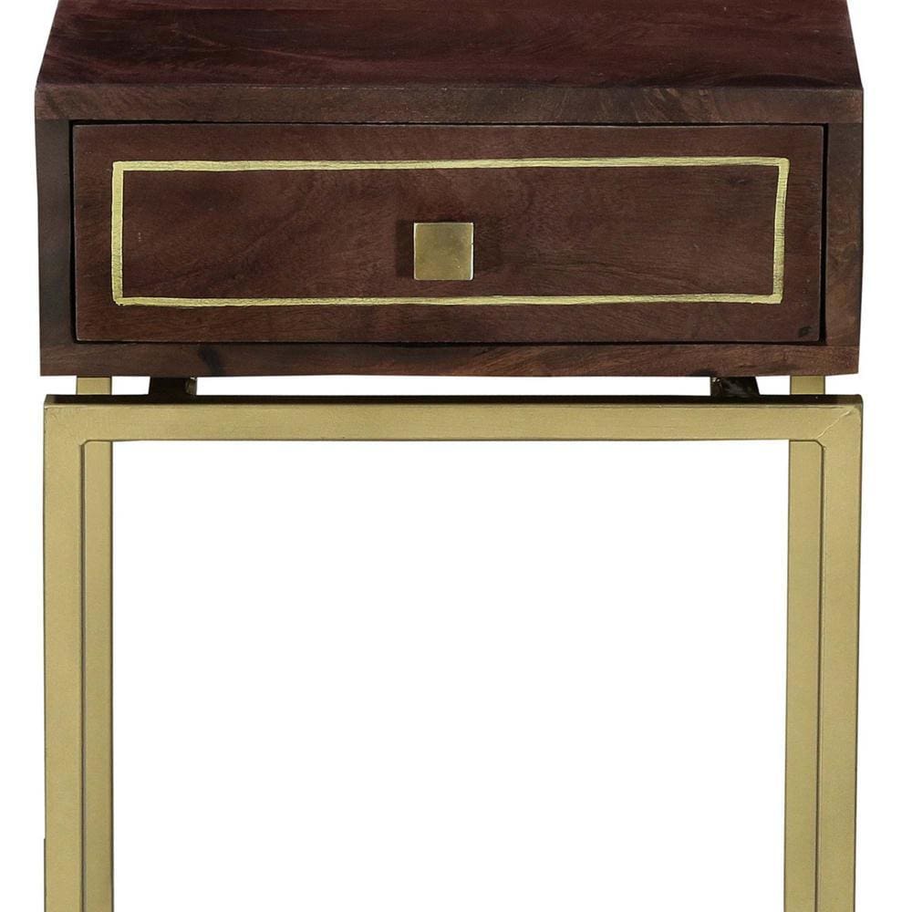 Bedside Table with 1 Drawer and Tubular Metal Legs Brown and Brass By The Urban Port UPT-231748