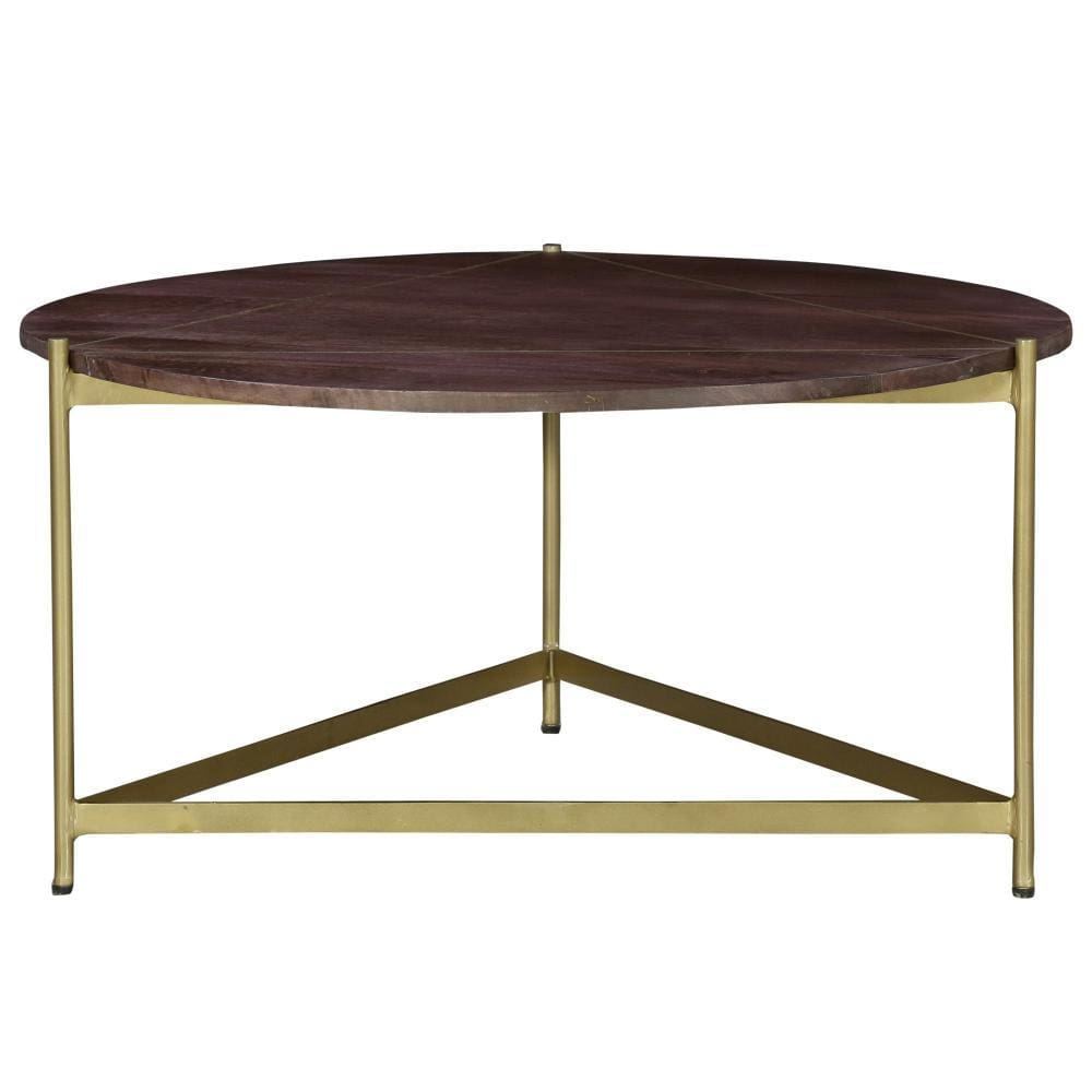 Round Wooden Coffee Table with Triangular Metal Base Brown and Brass By The Urban Port UPT-231750