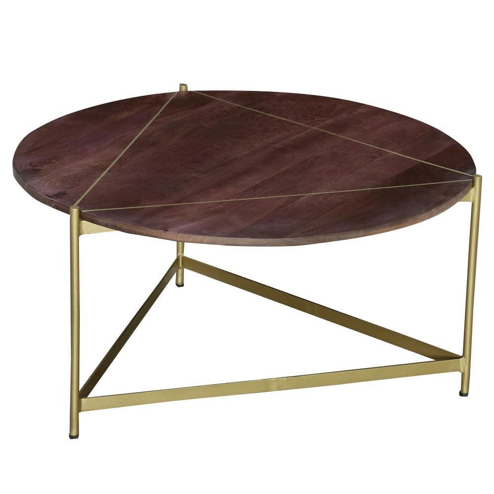 Round Wooden Coffee Table with Triangular Metal Base Brown and Brass By The Urban Port UPT-231750