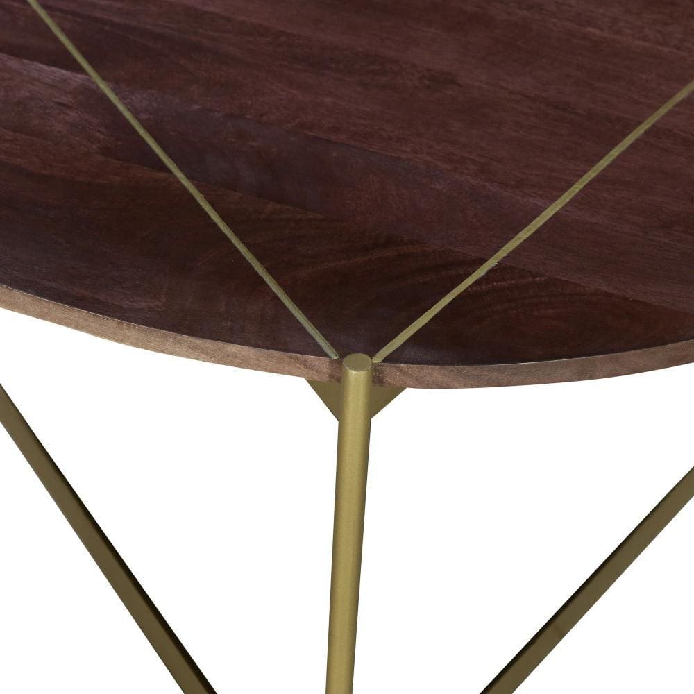 Round Wooden Coffee Table with Triangular Metal Base Brown and Brass By The Urban Port UPT-231750