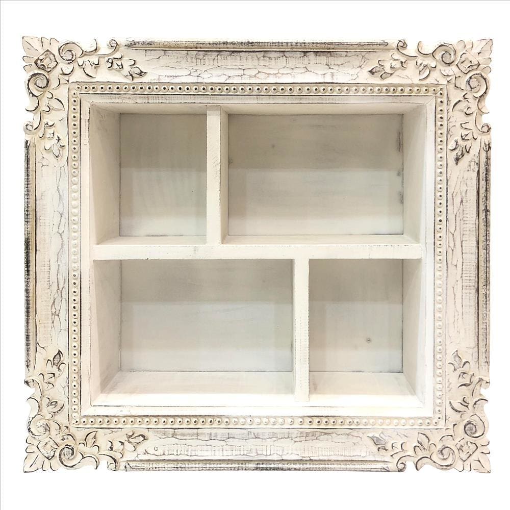 Floral Carved Rectangular Storage Mango Wood Display Wall Shelf Distressed White By The Urban Port UPT-231751