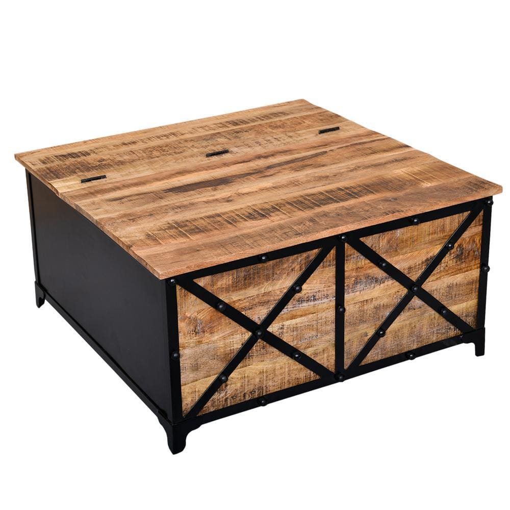 36 Inch Rustic Mango Wood Trunk Storage Coffee Table with Hinged Top Brown and Black By The Urban Port UPT-232505