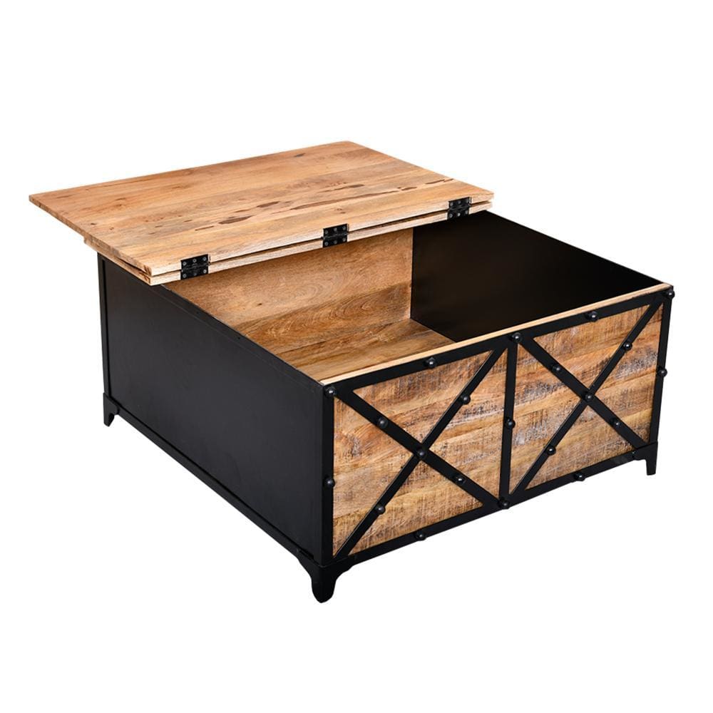 36 Inch Rustic Mango Wood Trunk Storage Coffee Table with Hinged Top Brown and Black By The Urban Port UPT-232505