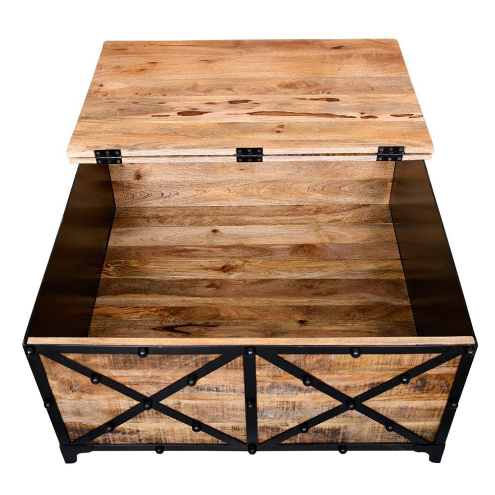 36 Inch Rustic Mango Wood Trunk Storage Coffee Table with Hinged Top Brown and Black By The Urban Port UPT-232505