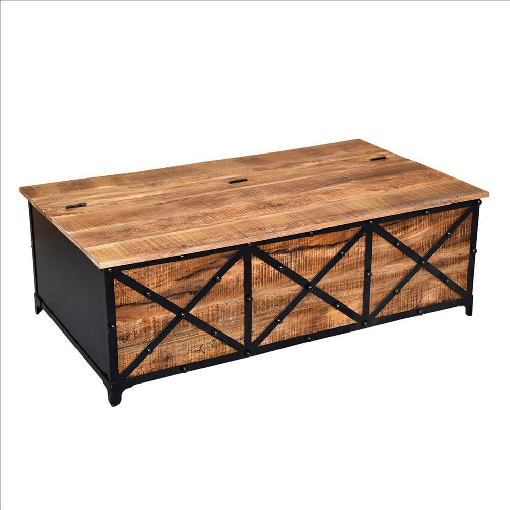 54 Inch Metal Cross Front Mango Wood Trunk Storage Coffee Table with Hinged Top,Brown and Blac By The Urban Port UPT-232507