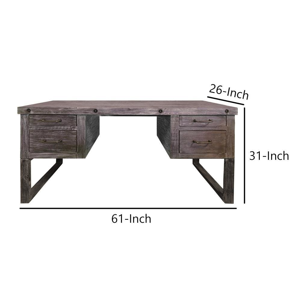 61 4-Drawer Wooden Home Office Desk with Sled Leg Support Distressed Brown By The Urban Port UPT-233116