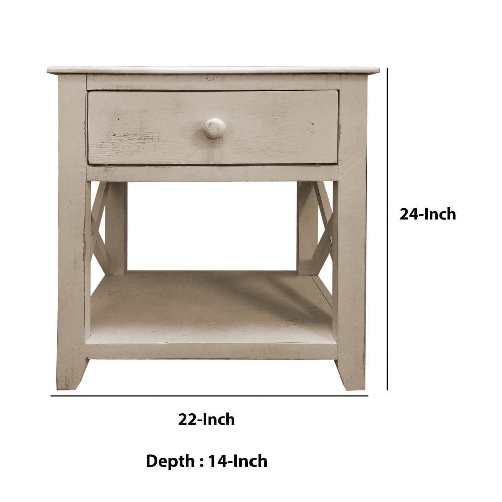 24 Inch Wooden 1 Drawer Side End Table with Cross Sides and Open Bottom Shelf White By The Urban Port UPT-233118