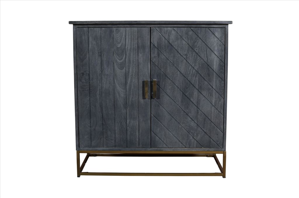 33.5 Inches Plank Design 2 Door Mango Wood Storage Cabinet With Metal Base Gray By The Urban Port UPT-237993