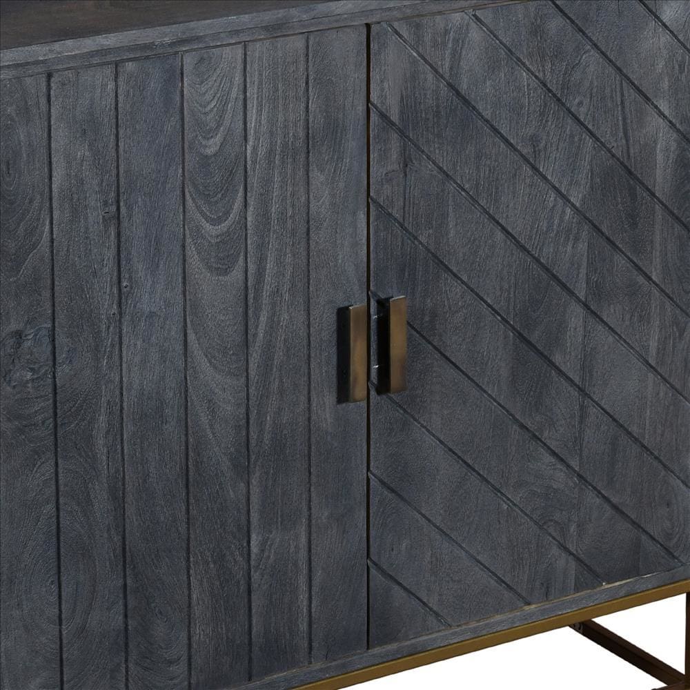 33.5 Inches Plank Design 2 Door Mango Wood Storage Cabinet With Metal Base Gray By The Urban Port UPT-237993