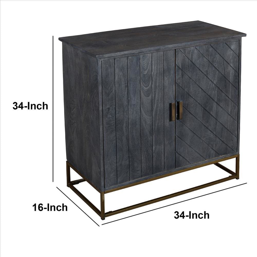 33.5 Inches Plank Design 2 Door Mango Wood Storage Cabinet With Metal Base Gray By The Urban Port UPT-237993